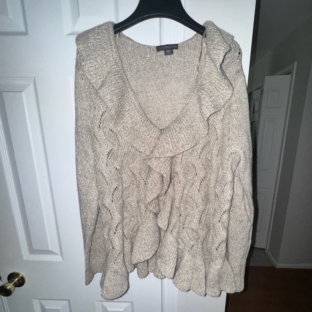 Covington Women's XL Open Front Ruffle Cardigan Oatmeal Beige Metallic Knit - Picture 11 of 15